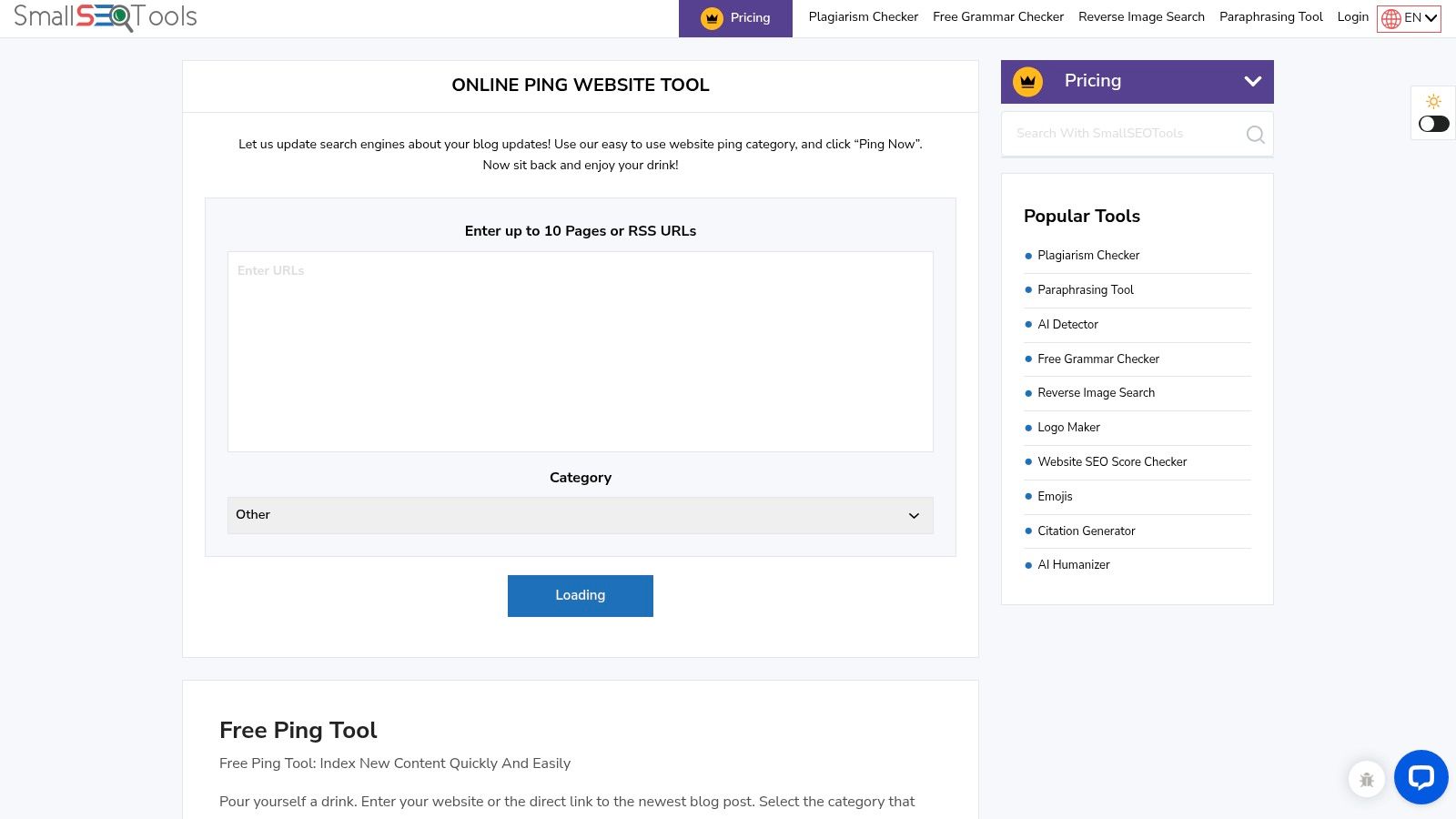 SmallSEOTools' Online Ping Website Tool