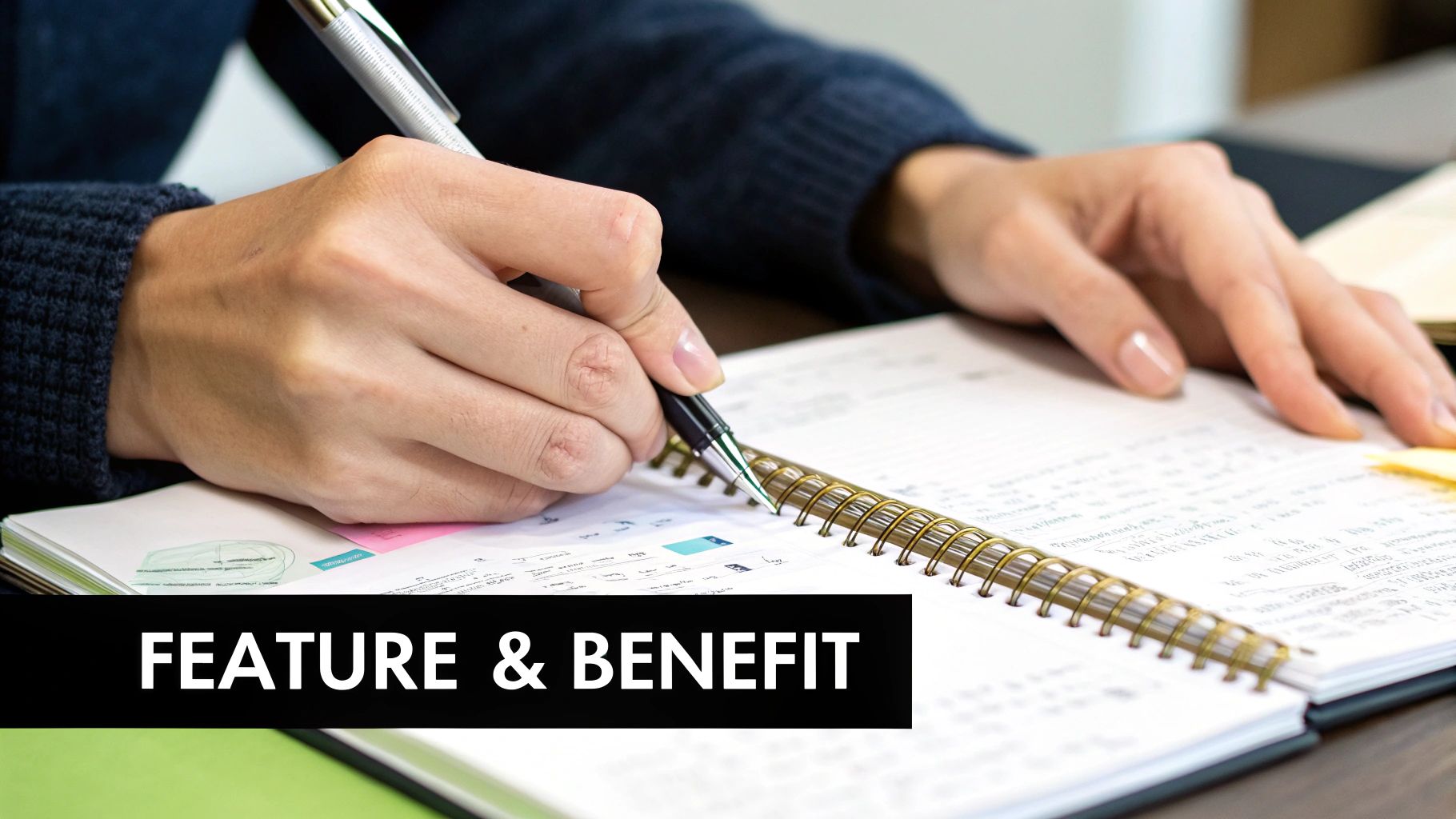 A person brainstorming with sticky notes on a glass wall, illustrating the process of structuring a story for a product description.