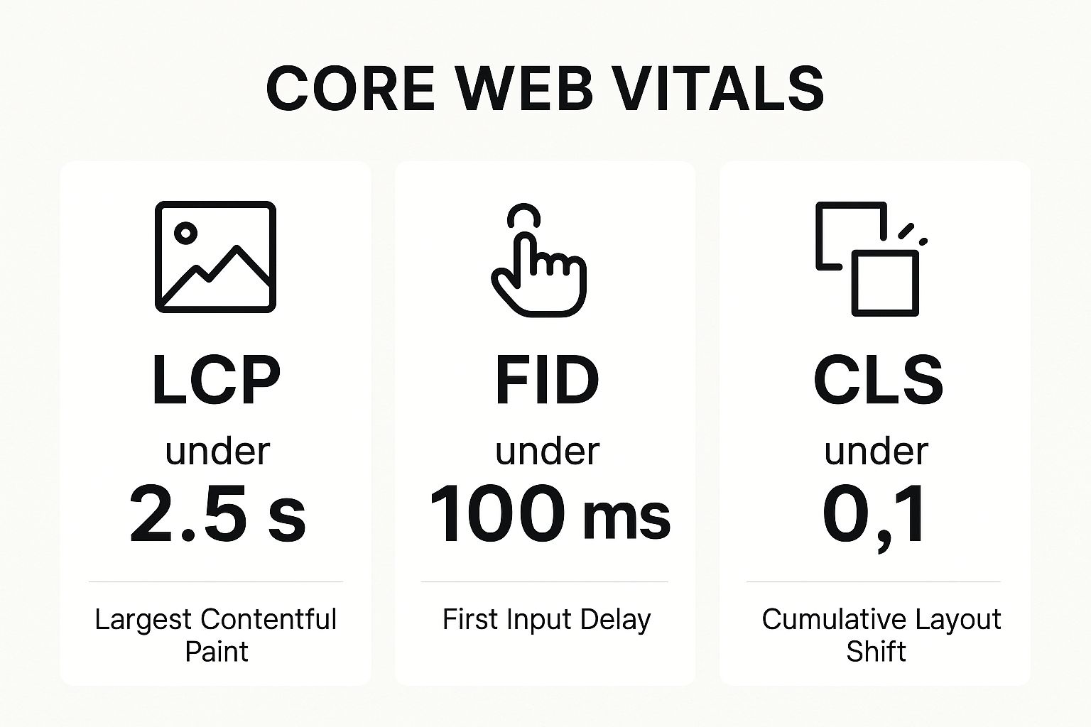 An infographic displaying the ideal thresholds for Google's Core Web Vitals: LCP under 2.5s, FID under 100ms, and CLS under 0.1.