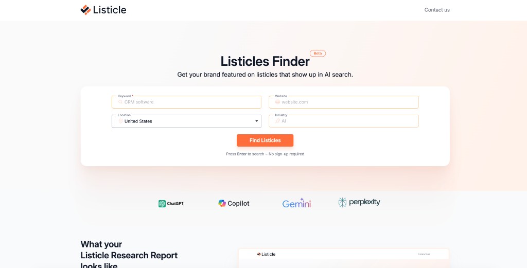 Screenshot of Listicle.com website